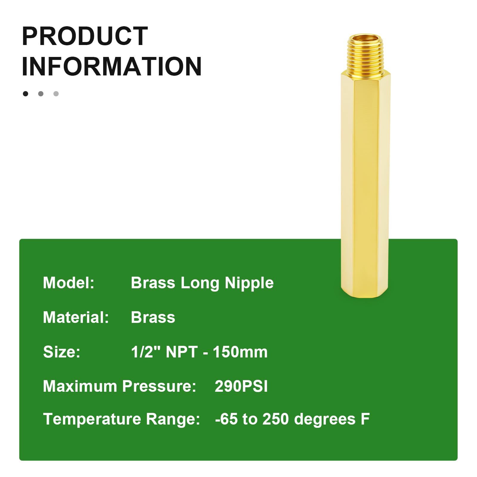 TAISHER 1 raccordo per tubo di prolunga in ottone da 1/2" NPT femmina x 1/2" NPT maschio, esagonale interno, connettore filettato per tubo da 150 mm