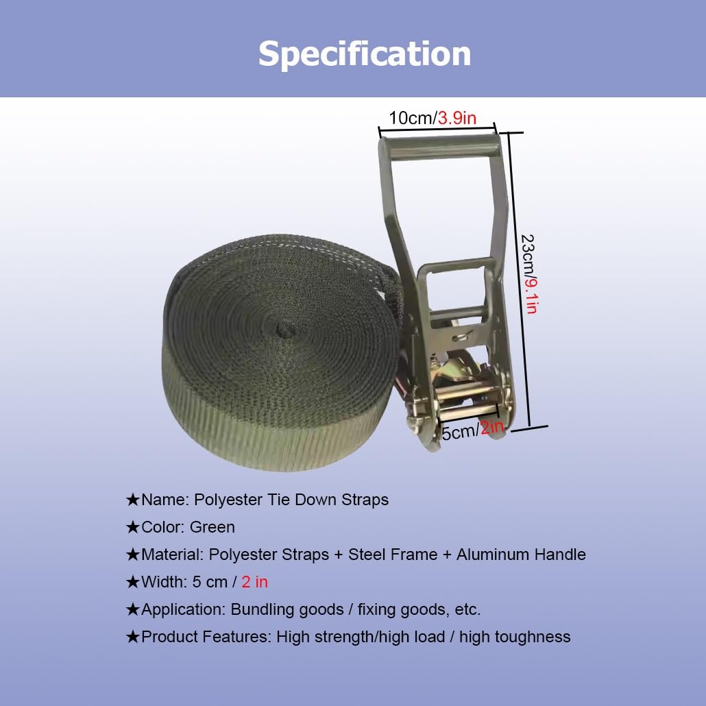 Correas de Amarre con trinquete sin Fin de 2 Pulgadas de Ancho, amarres de Carga Resistentes, Correas de Seguridad de trinquete Verde de Nailon Resistente(L 1m/3.3')