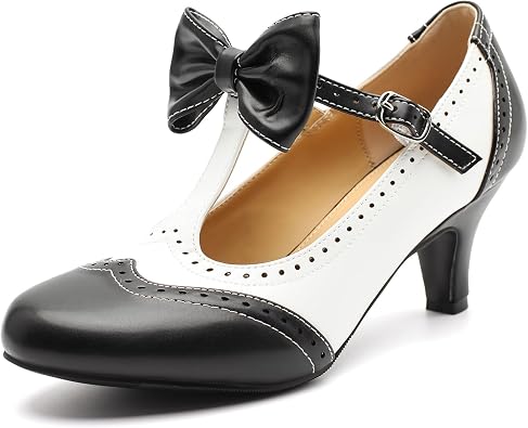 Womens T-Strap Mary Jane Oxford Pumps, Bow Two Tone Kitten Heels | 2.36" Low Heel,Round Closed Toe,Ankle Strap,Vintage Dress Shoes for Wedding,Tea Party,Rockabilly & Office