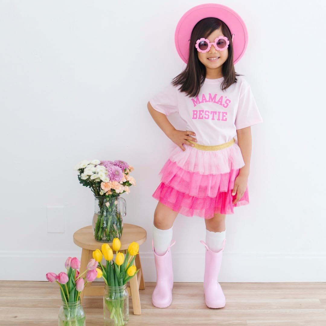 Toddler Baby Girl Clothes Mama's Bestie Short Sleeve T-shirt Top Ruffle Tulle Skirt 2Pcs Summer Outfit Set (Pink, 4-5T)