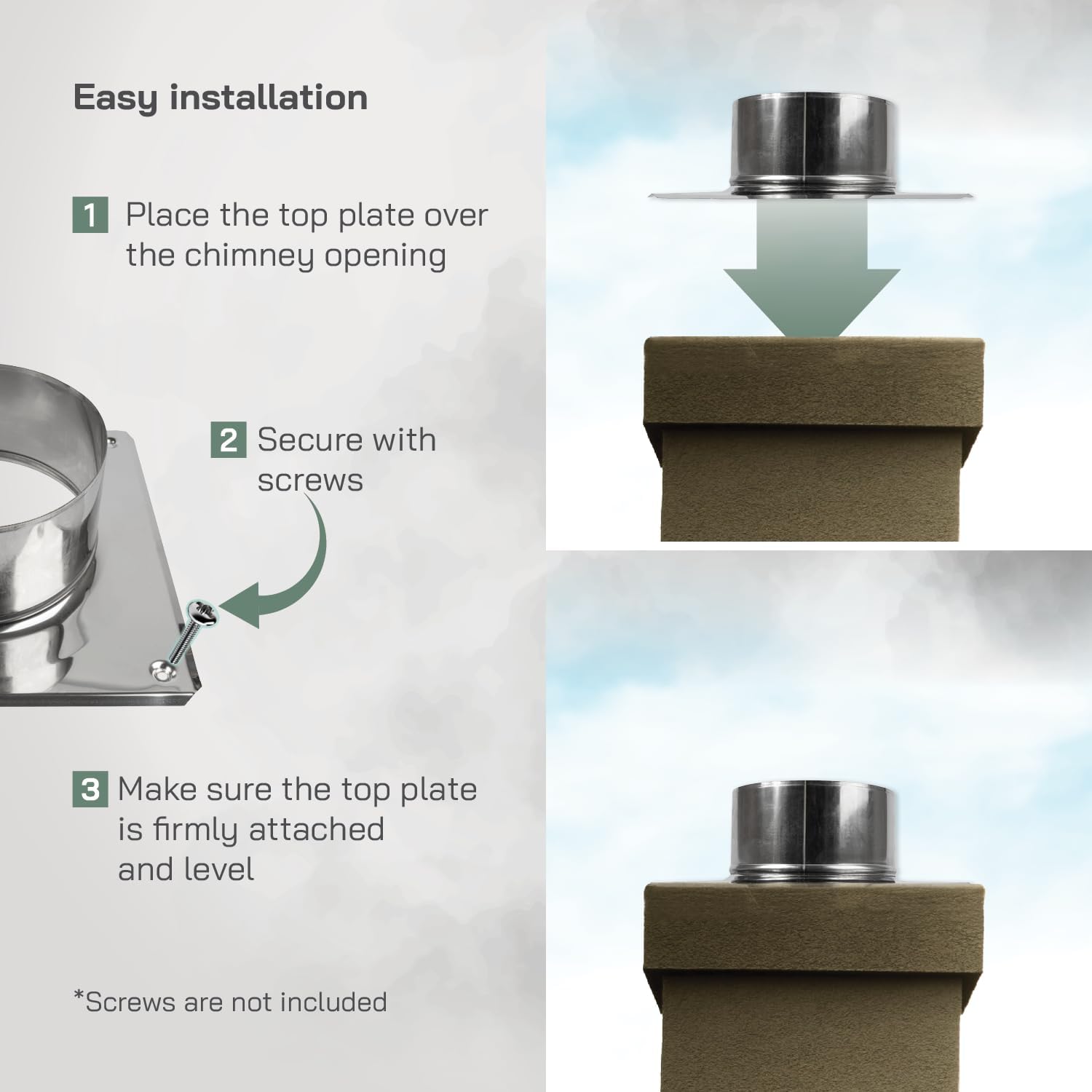 Vent Systems 6" Inch Stainless Steel Chimney Top Plate - Base Mount for Flue Cap or Cowl - Square to Round Roof Cover Flange - Steel Plate Cover for Chimneys