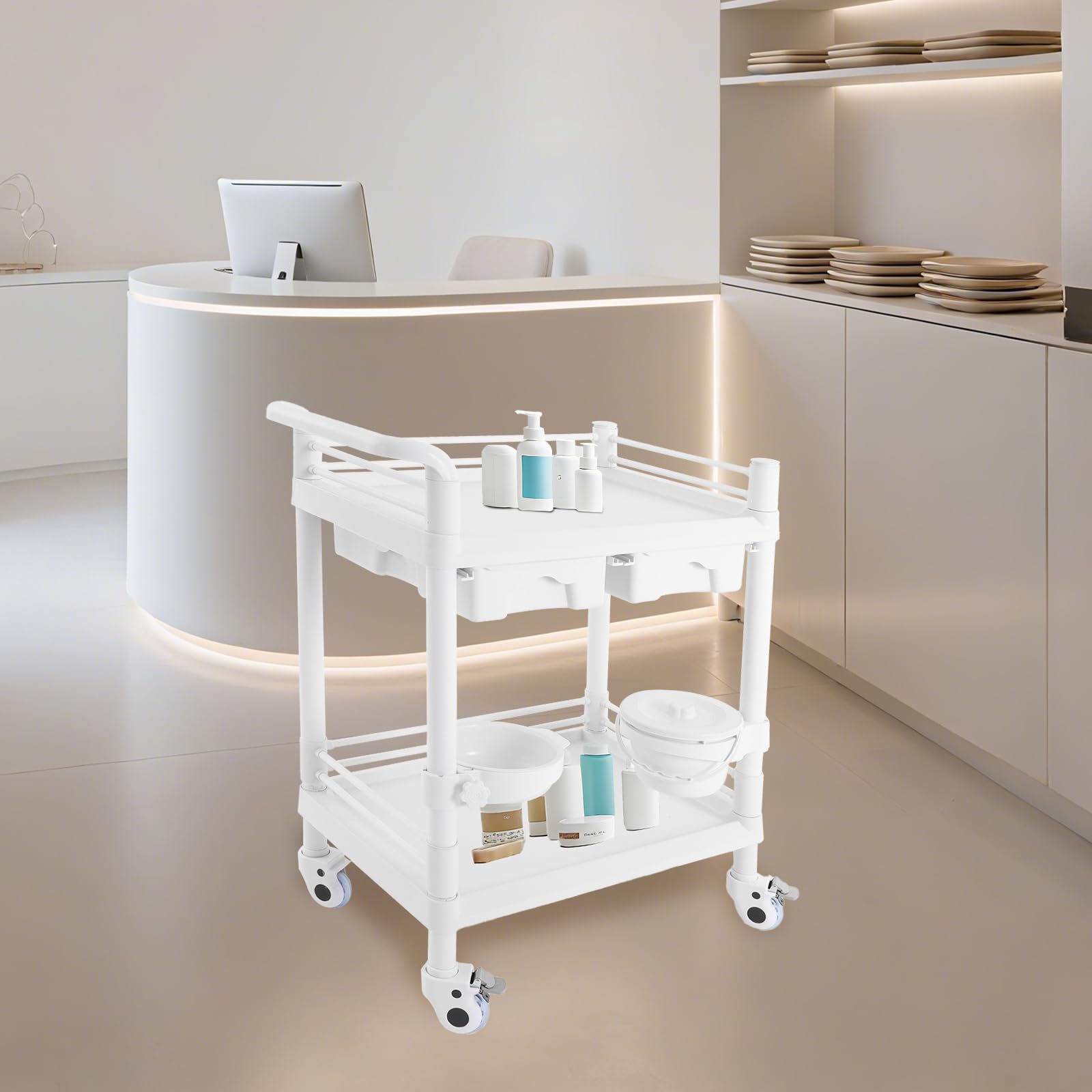 Medizinwagen Weiß mit 90kg Tragkraft｜2 Edelstahl-Ebenen + 360°-Rollen｜Hygienegerecht für Klinik/Labor/Kosmetik｜Kennzeichnungspflicht nach MPG