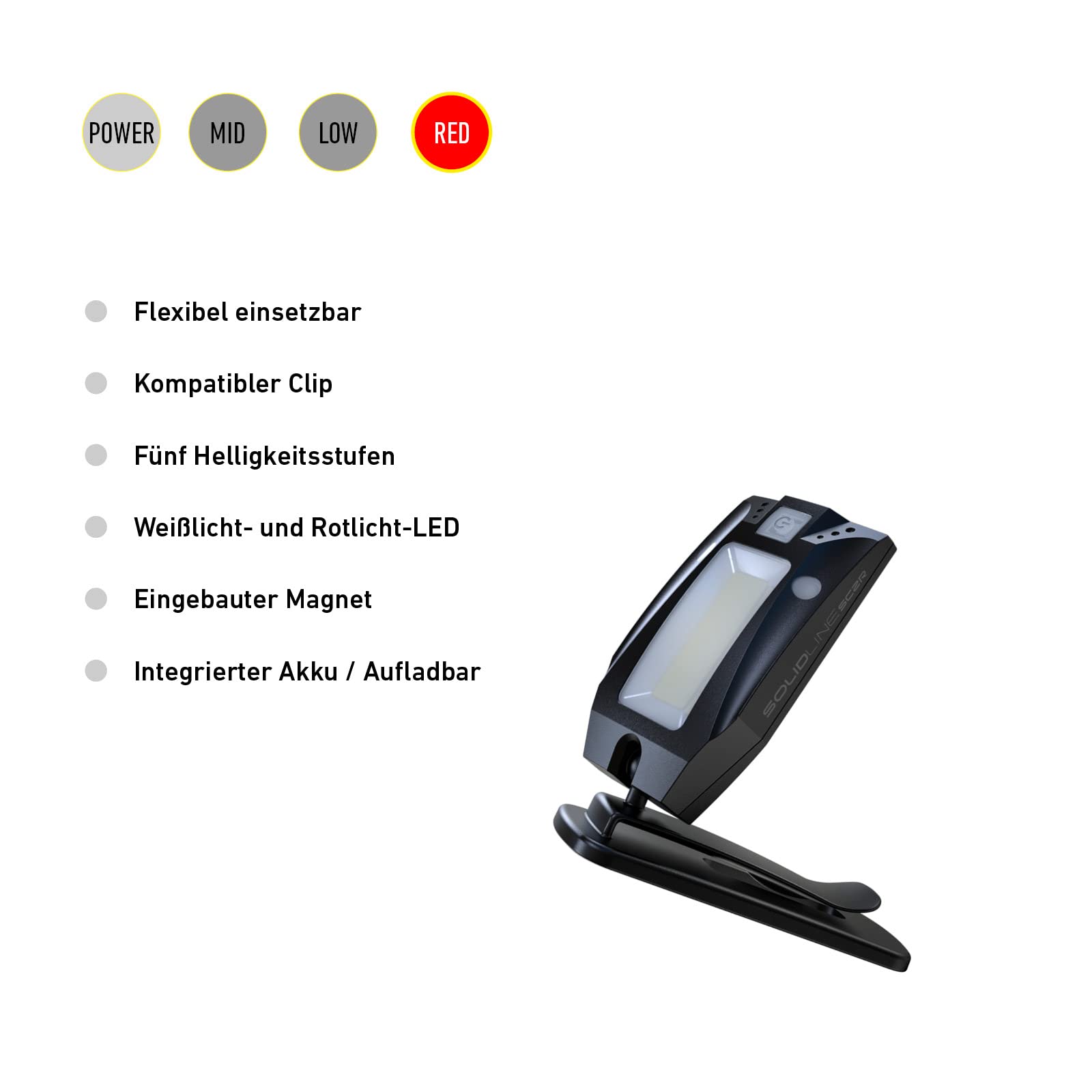 Solidline SC4R lampa LED z klipsem, do ponownego ładowania, 200 lumenów, czas świecenia 75 godzin, w zestawie kabel USB, 1 szt.