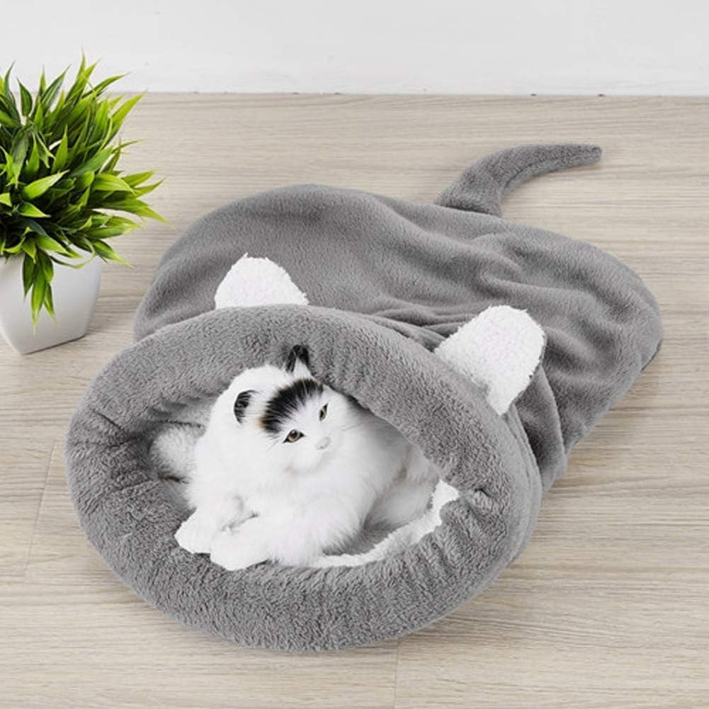 Cat Bed Cave Sleeping Bag, Soft Plush Cat Bed Calming Self Warming Cave Sleeping Bag Comfortable Puppy Cats Kennel (Gray)