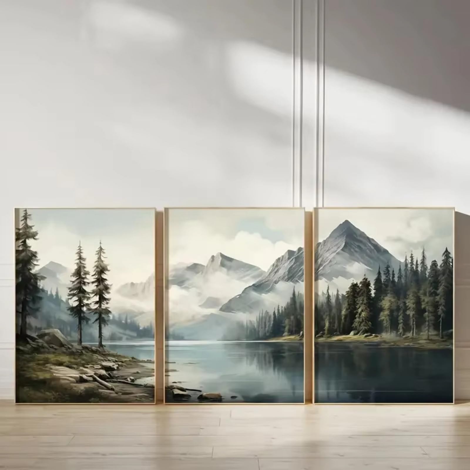 ZBELLO Mountain Lake Forest Wall Art Set of 3, Neutral Landscape Canvas Prints, Nature Pine Tree Scenery Painting, Minimalist Mountain Scene Wall Decor, Unframed Canvas Art (40x50cm,tree)