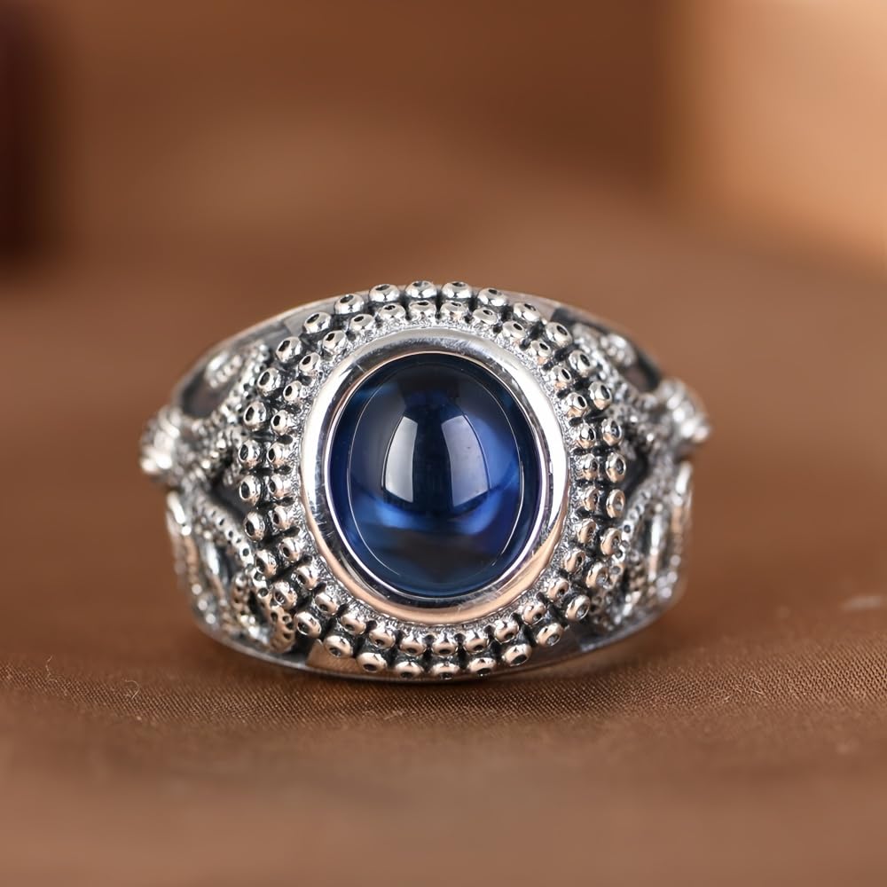 Oktopus Ring für Herren 925 Sterling Silber Seeungeheuer Kraken Tintenfisch Ring mit Blauem Stein Offen Verstellbar