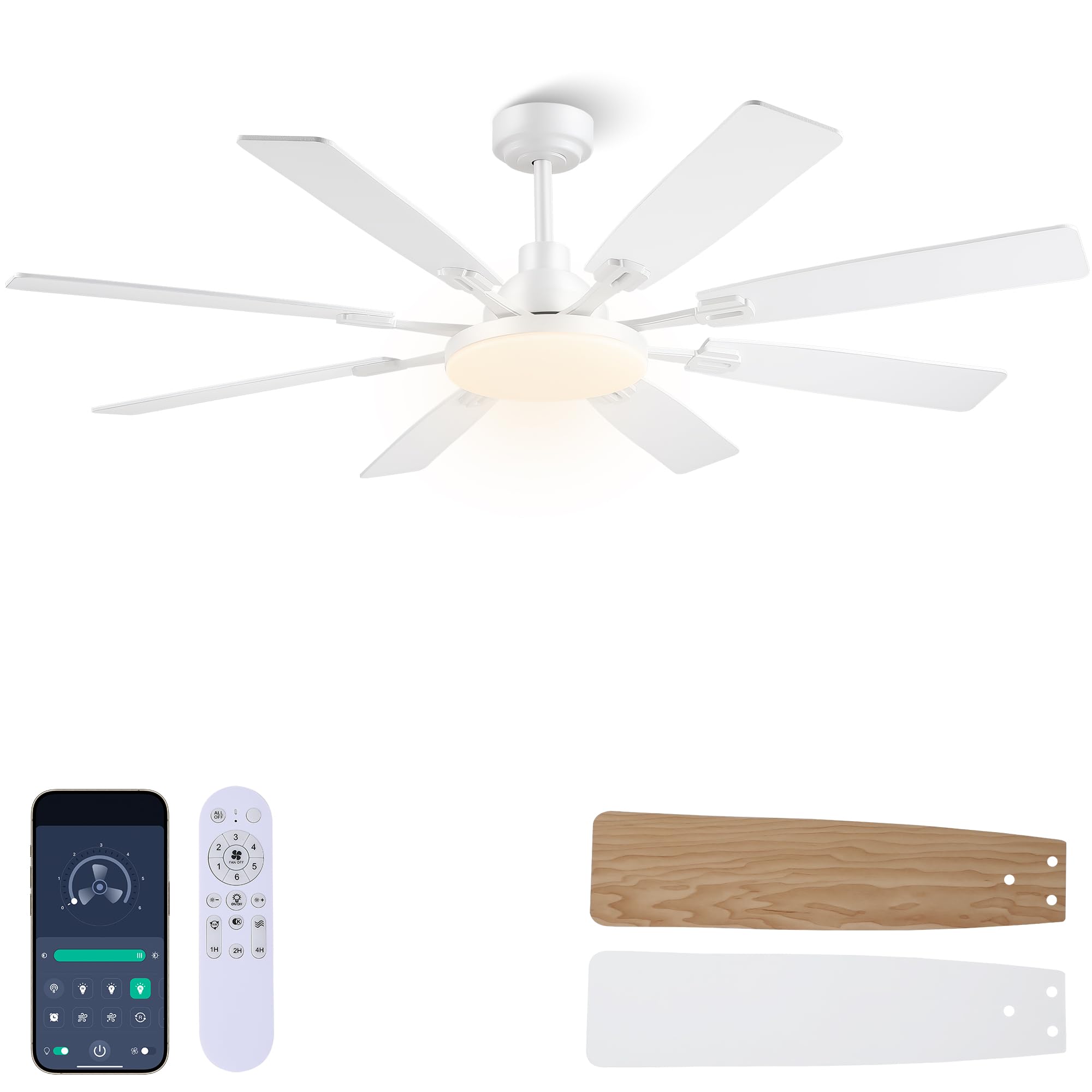 60" Ceiling Fan with Light - Modern White Low Profile Ceilings Fans Light