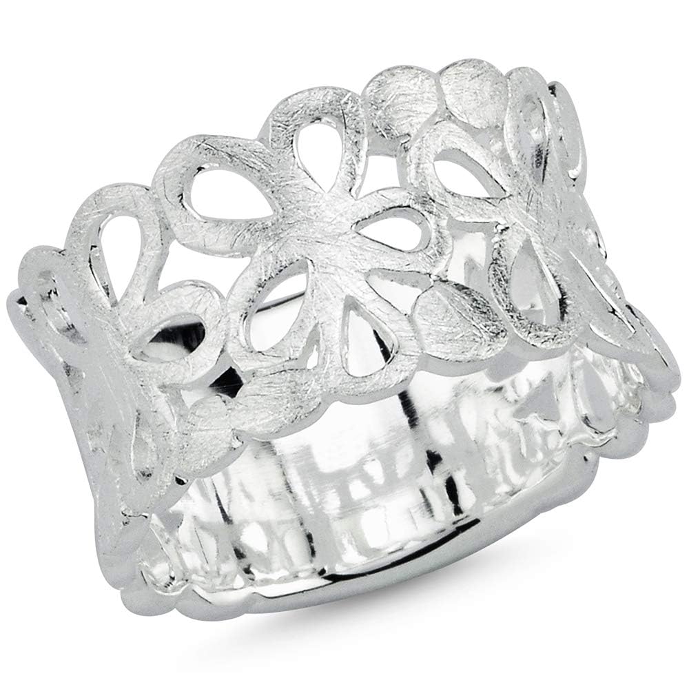 Vinani Diseño anillo de flores de plata de ley 925 cepillada, diseño de flores 2RFL