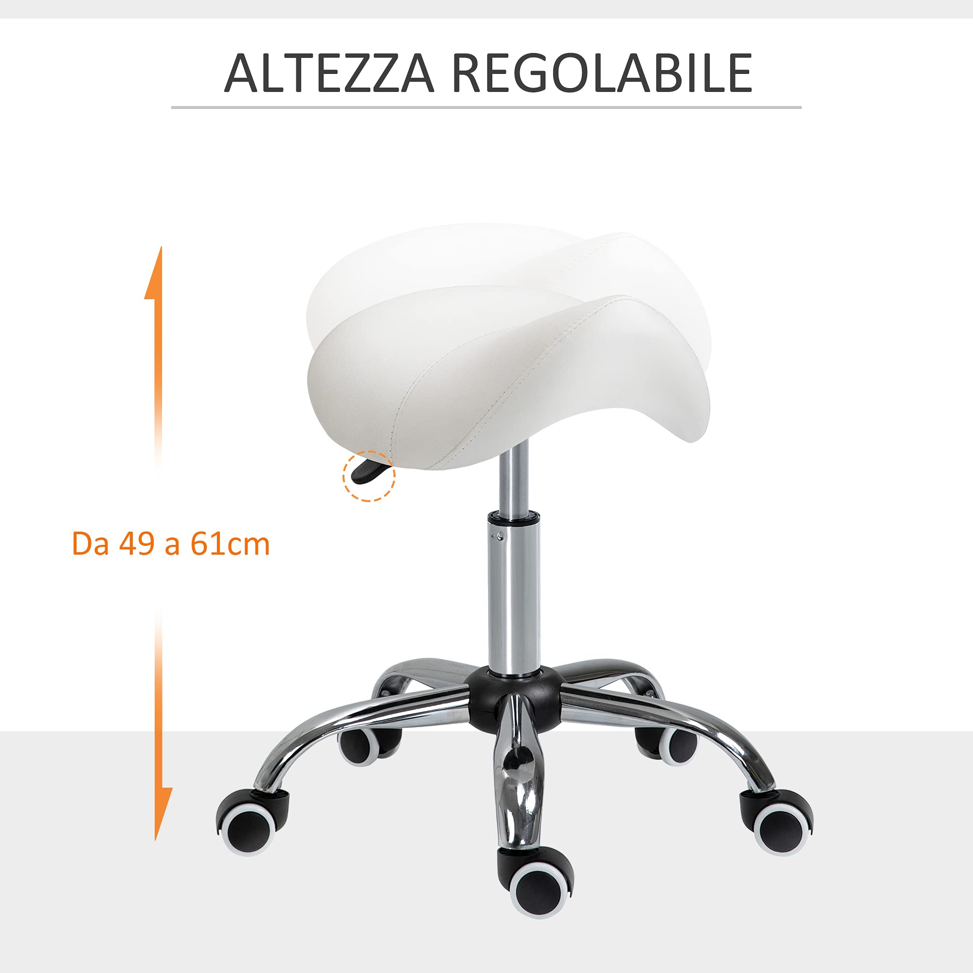 HOMCOM Sgabello da Lavoro a Sella con Ruote e Altezza Regolabile per Negozi Parrucchiere e Tattoo, 52x53x49-61cm Beige