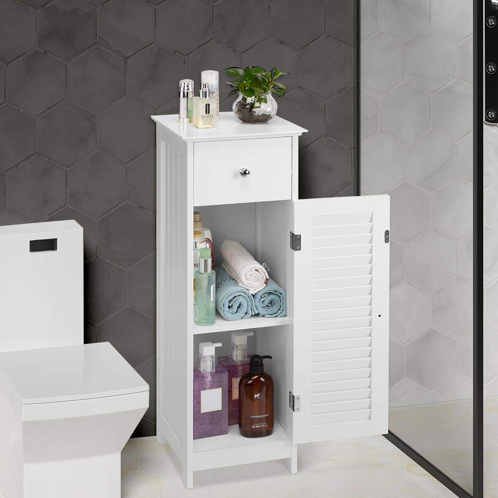 BAKAJI Mobile a Colonna per Bagno con Anta Cassetto e 2 Ripiani Interni Mobiletto Armadietto in Legno MDF Colore Bianco Dimensione 32 x 30 x 87 cm