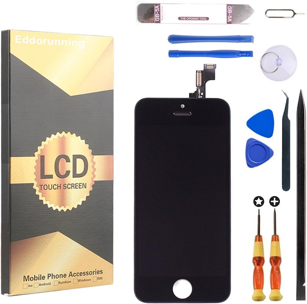 for iPhone 5s Screen Replacement LCD Display Touch Digitize Assembly with Front Camera Plastic Holder Earpiece Anti-Dust Mesh and Repair Tool Kit Black (4.0 inch)