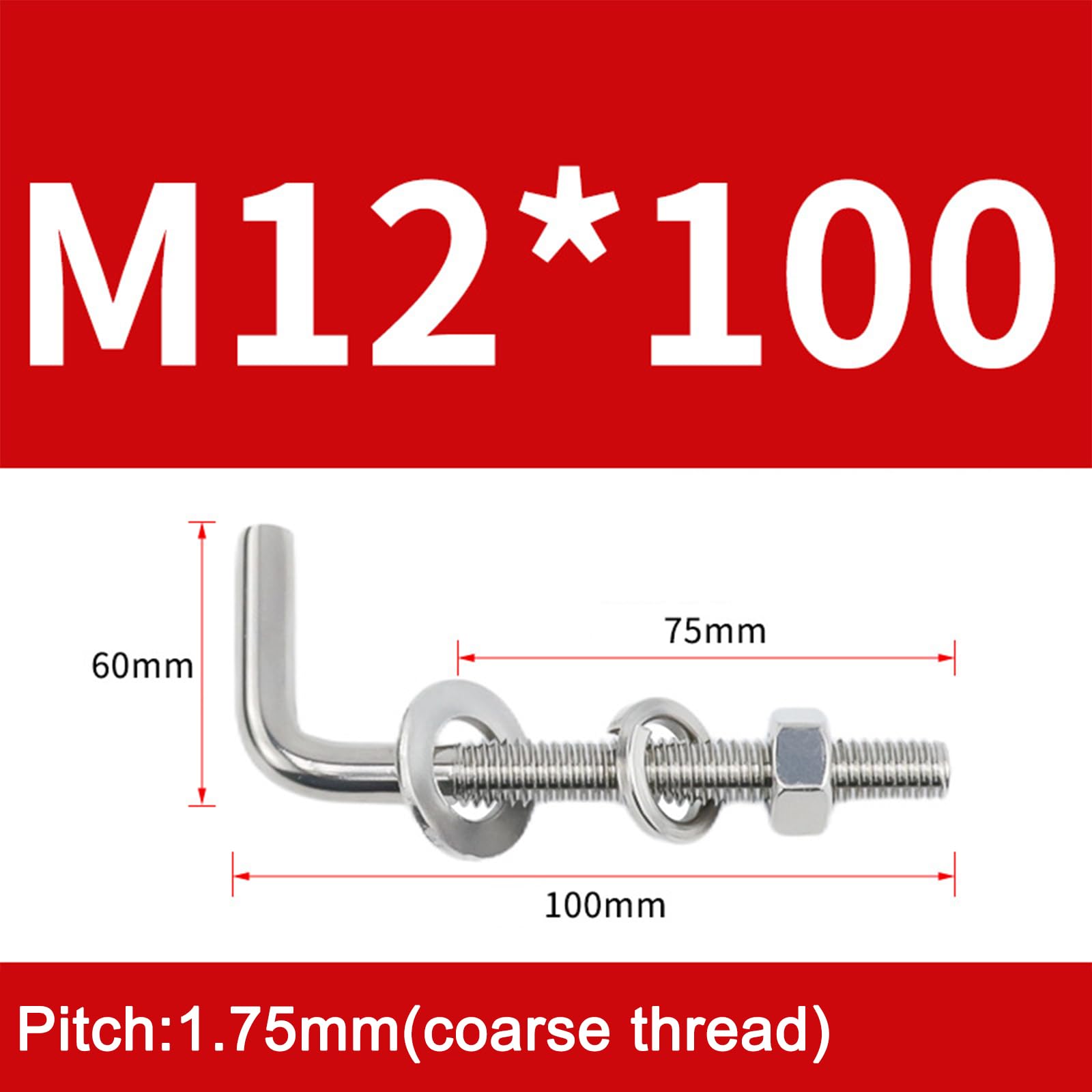 Kit di 2 bulloni filettati a forma di L, M12 x 100 mm, in acciaio inox 304, viti quadrate e ganci per appendere