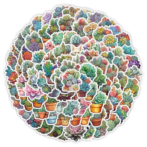 Creative Succulent Plant Vinyl Stickers, 100 PCS Potted Cactus & Echeveria Decals for Laptops Scrapbooking, Journals