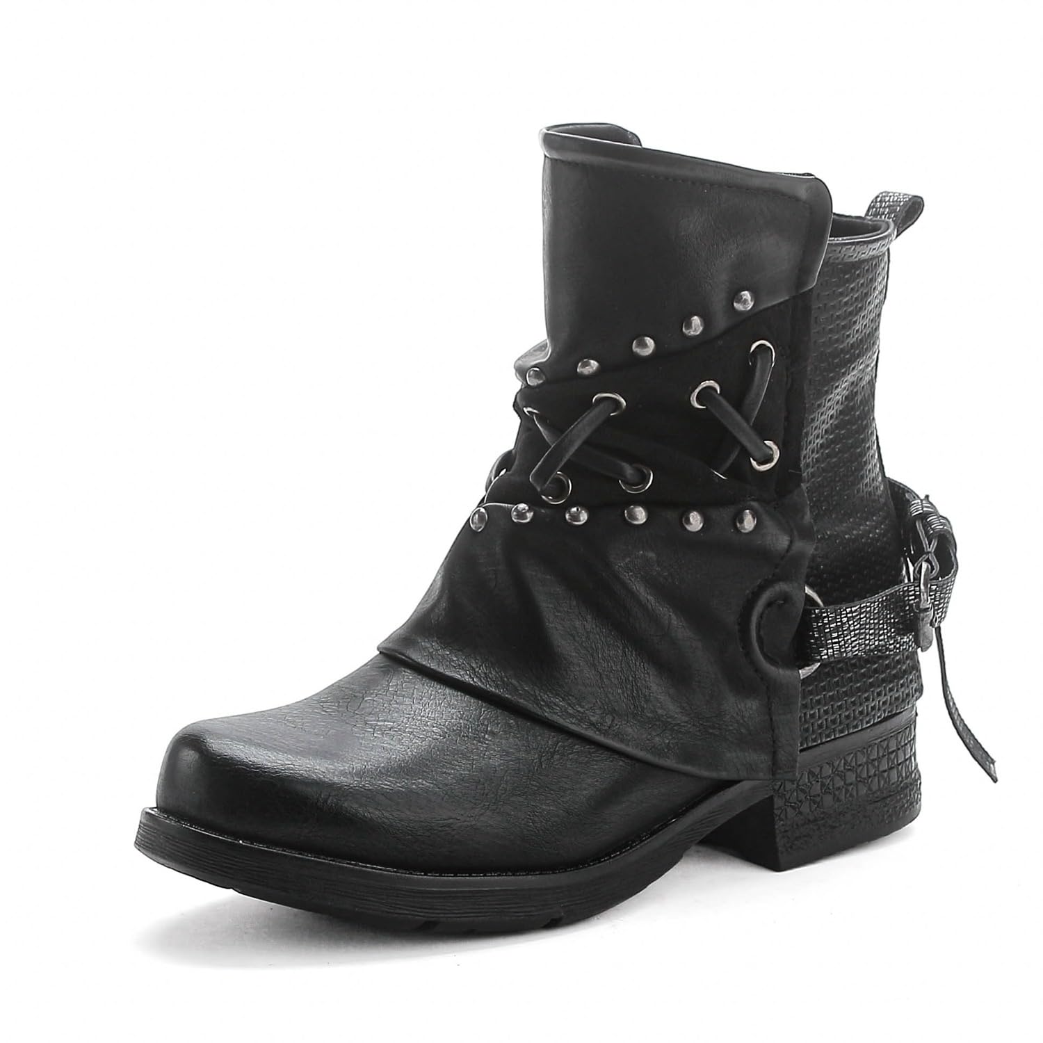 Pogolino Damen Stiefeletten Nieten Biker Boots mit Reißverschluß flach bequem Stiefel ST016
