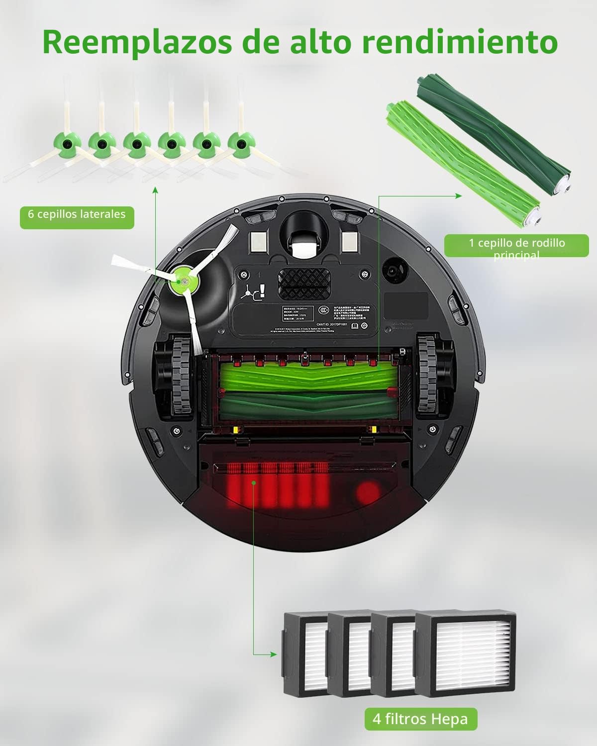 Kit Recambios Repuestos para iRobot Roomba Series e/I, Accesorios Compatible con i7 i7+ i3 i3+ i4 i4+ i6 i6+ j7 j7+E5 E6, 2 Cepillos de Goma, 4 Filtro, 6 Cepillos Laterale, Aspiradora de Accesorios