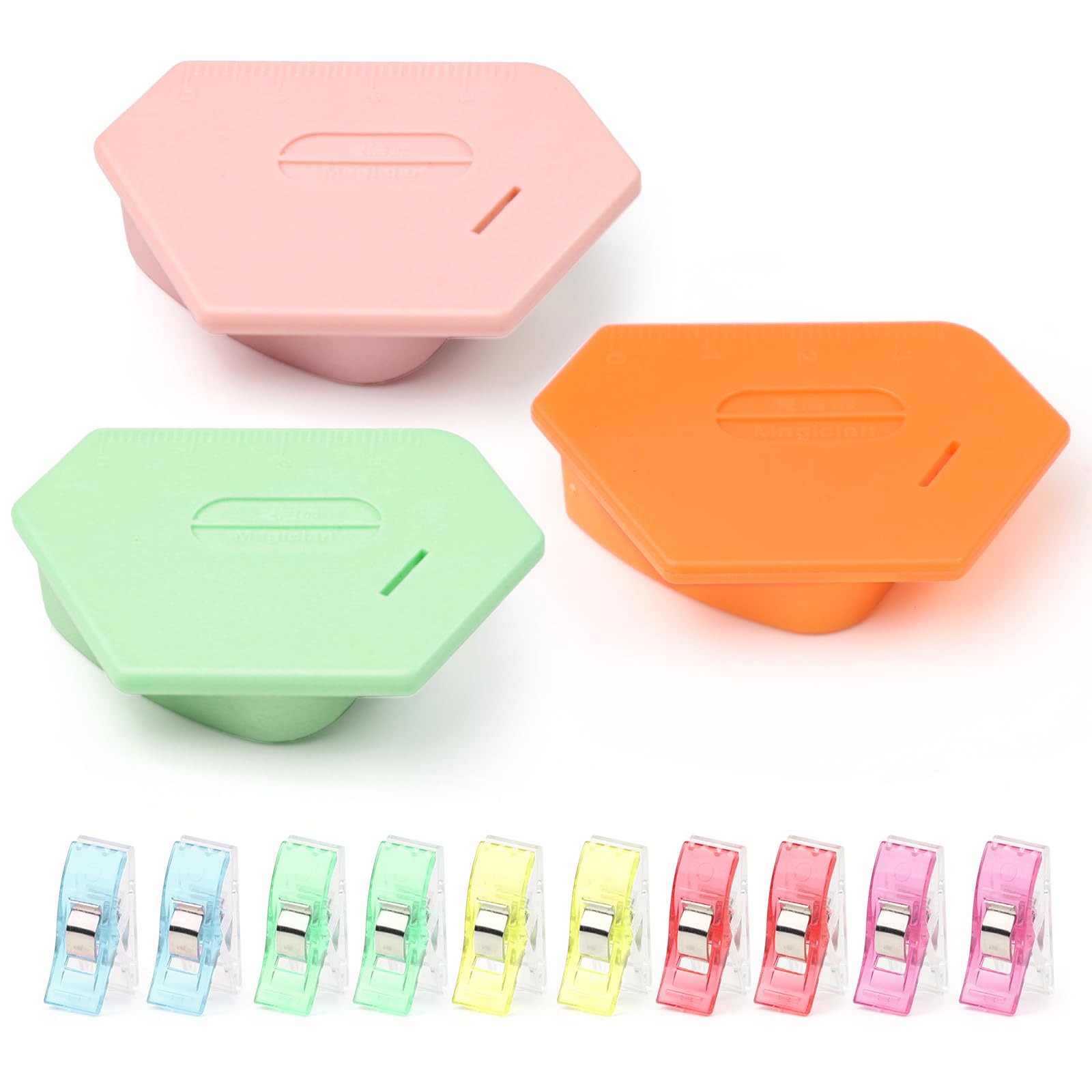 3Pcs Magnetic Seam Guide with Scale, Polygonal Strong Magnetic Gauge with 10 Fabric Quilting Clips, Seam Guide for Sewing Machine, Sewing Machine Quilting Accessories Tools, Universal Sewing Supplies