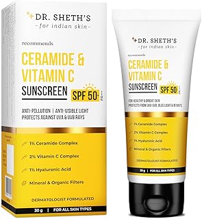 Dr. Sheth’s SPF 50+ PA++++ Sunscreen with Ceramide, Vitamin C & Hyaluronic Acid | Broad Spectrum Sun Protection, Lightweight Texture, No White Cast | Daily Hydration & Moisturizing Sunscreen, 30g