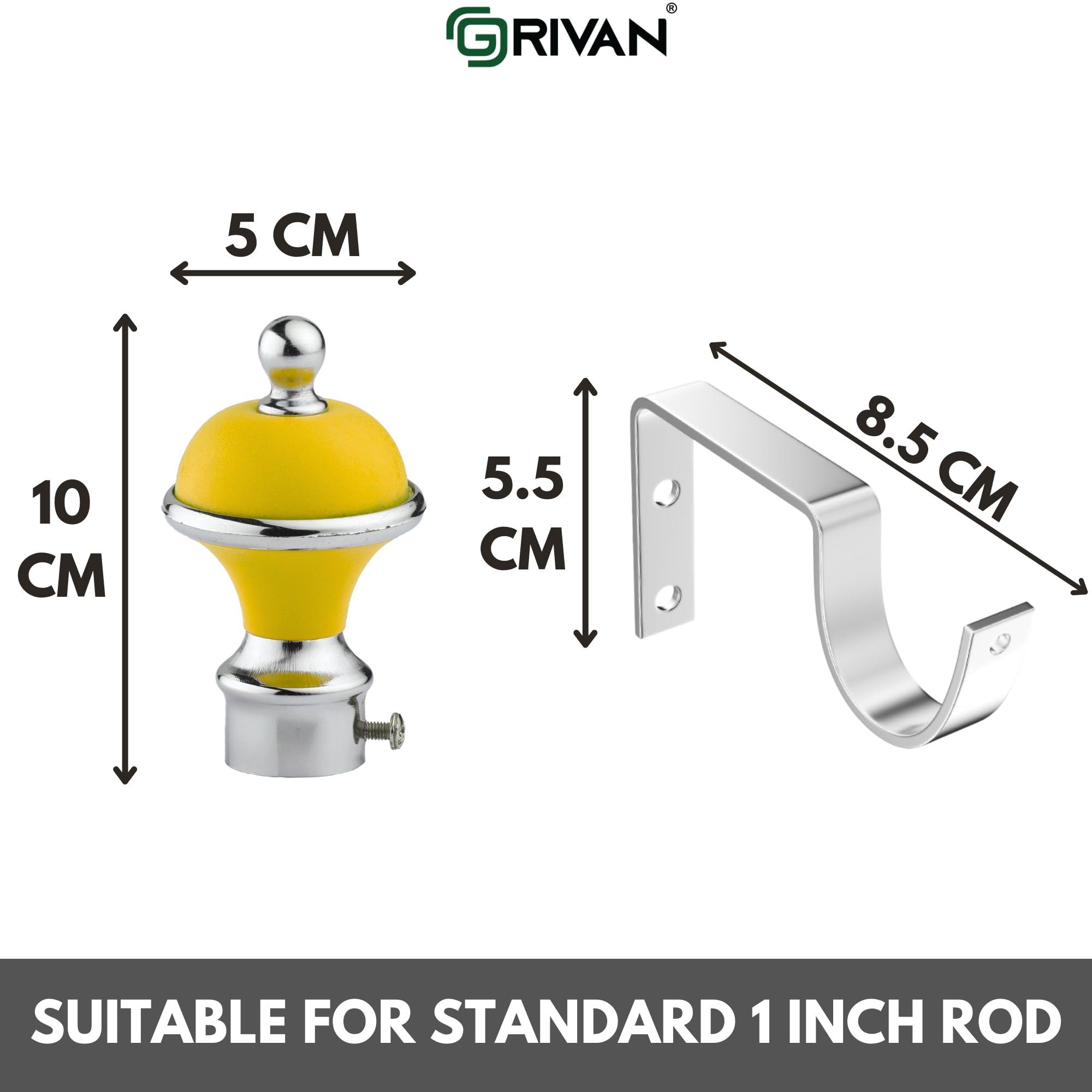 GRIVAN Stainless Steel & ABS Curtain Bracket Parda Holder with Support 1 Inch Rod Pocket Finials Designer Door and Window Rod Support Fittings, Curtain Rod Holder (Pair of 3, Yellow) 2