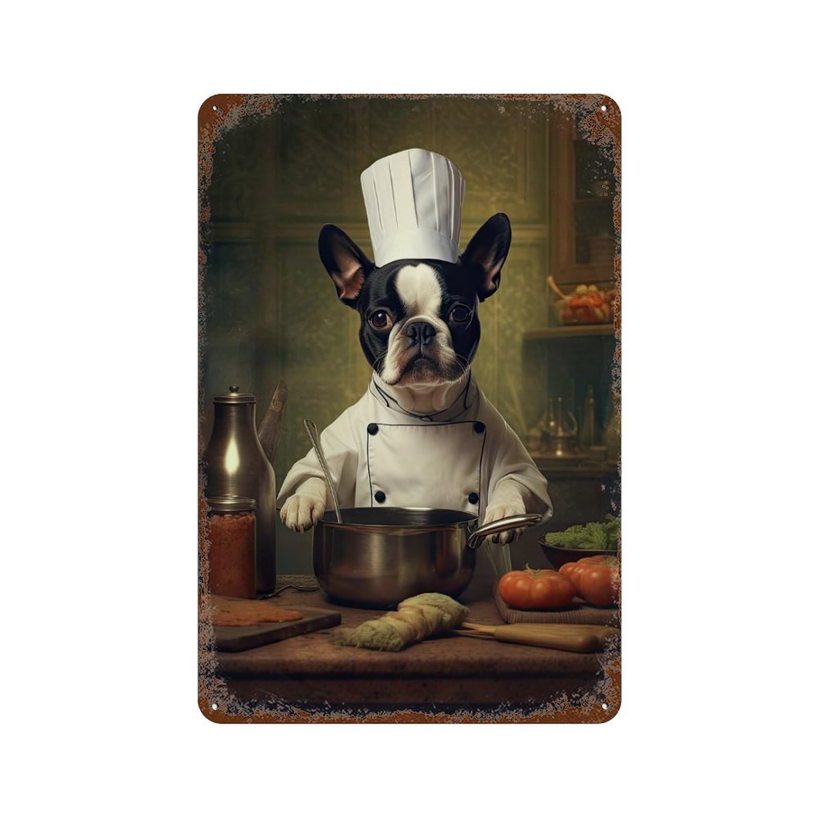 Boston Terrier Chef Rust Effect Tin Sign 11.8"x7.9", Rustic Home Decor for Garage, Pub Or Kitchen