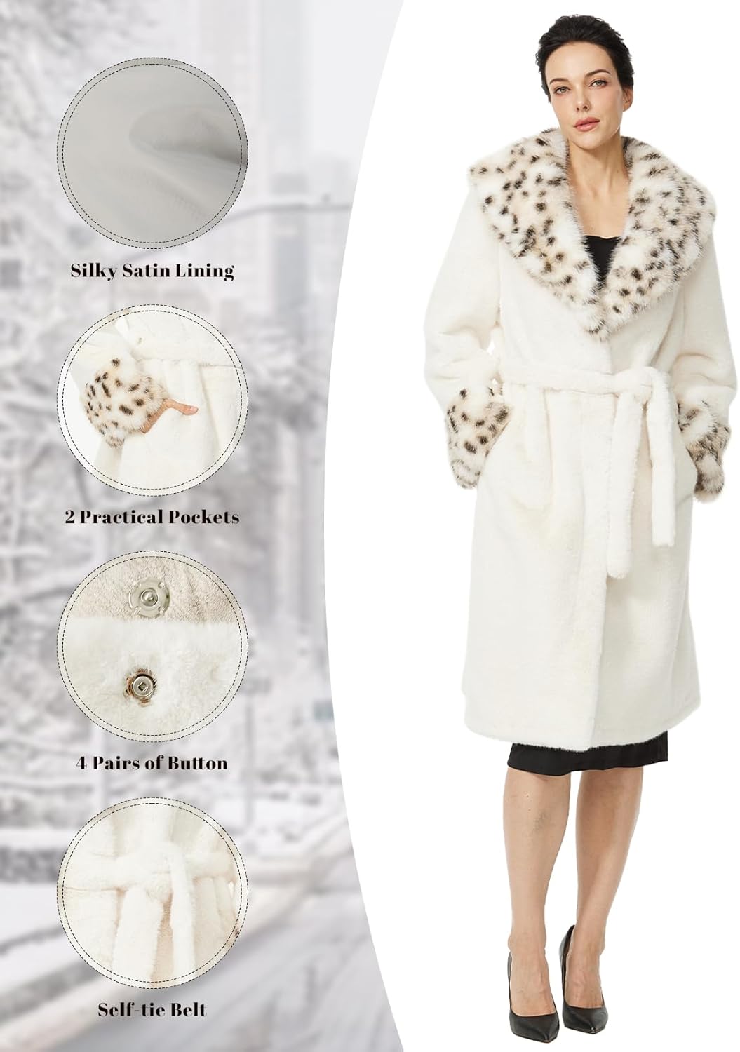 Women's Lapel Faux Fur Coat with Leopard Print Trim Long Warm Trendy Fur Jacket with Belt and Pockets - Image 5