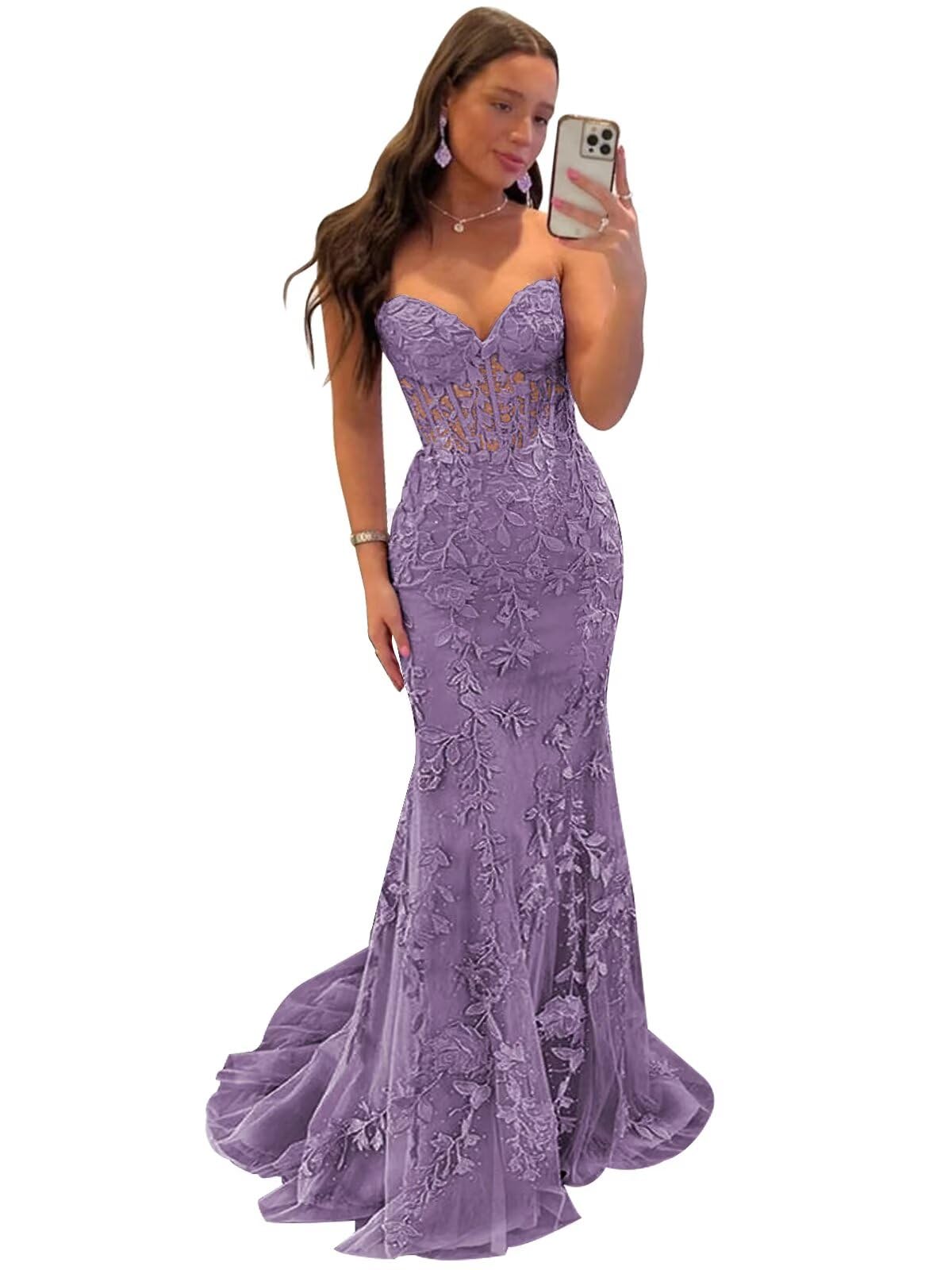 Tulle Lace Appliques Prom Dress 2025 Long Mermaid Strapless Ball Gown Evening Dresses for Women