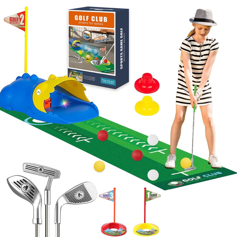 KUWUNG Kids Golf Set, Golf Chipping Game with Retractable Golf Clubs, Automatic Ball Returner, Led Light Up Night Golf Balls, Golf Putting Mat and Golf Holes, Indoor Outdoor Golf Games for Boys Girls