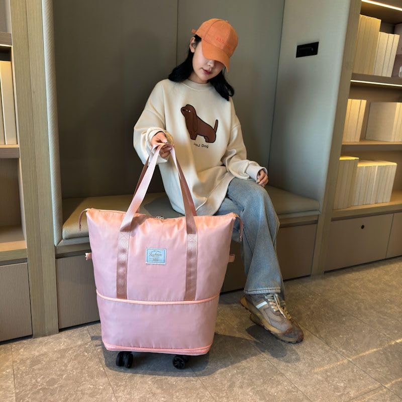 Large Foldable Travel Tote Bag Duffle Bag with Gears Gym Bag for Men Women Weekender Overnight Duffel Bag (Pink)3