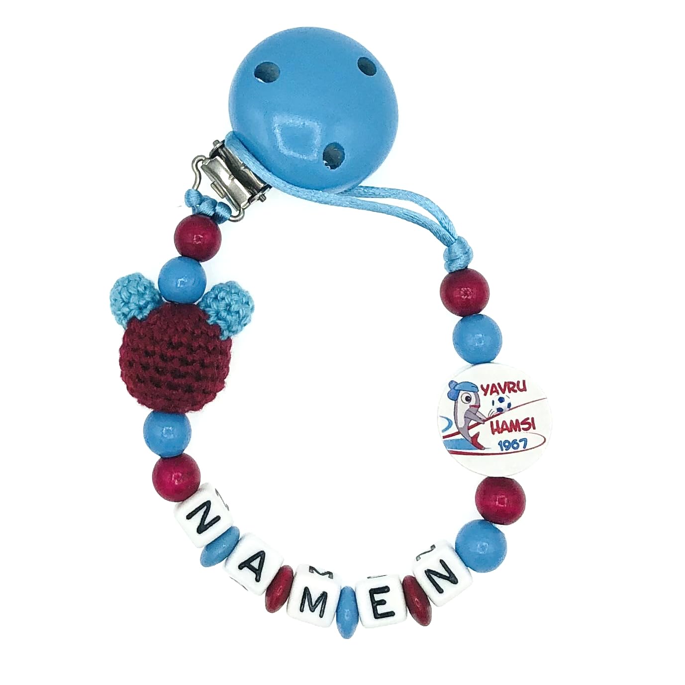 Set Nuckelkette + Kinderwagenkette mit Namen " für TRABZONSPOR Fan - YAVRU HAMSI - MAUS " Skyblau Bordeauxrot/Baby/Unisex/Personalisiert/HANDMADE