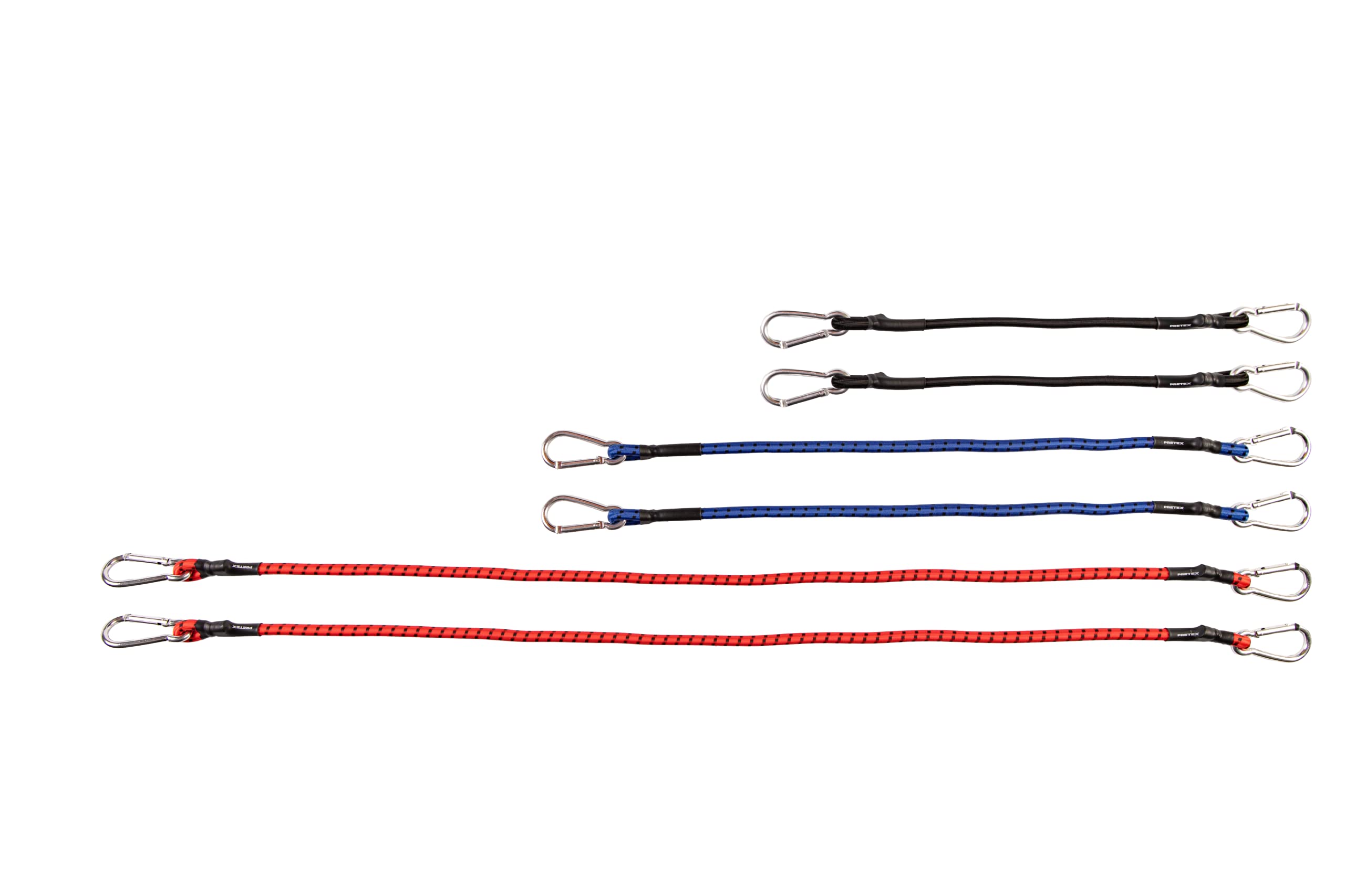 PRETEX6 Bungee Cords with Stainless Steel Carabiner Hooks - 3 Different Lengths & Colours - Heavy Duty Bungee Cord Tie-Down Pack - Bungie Straps with Strong Coated Rubber