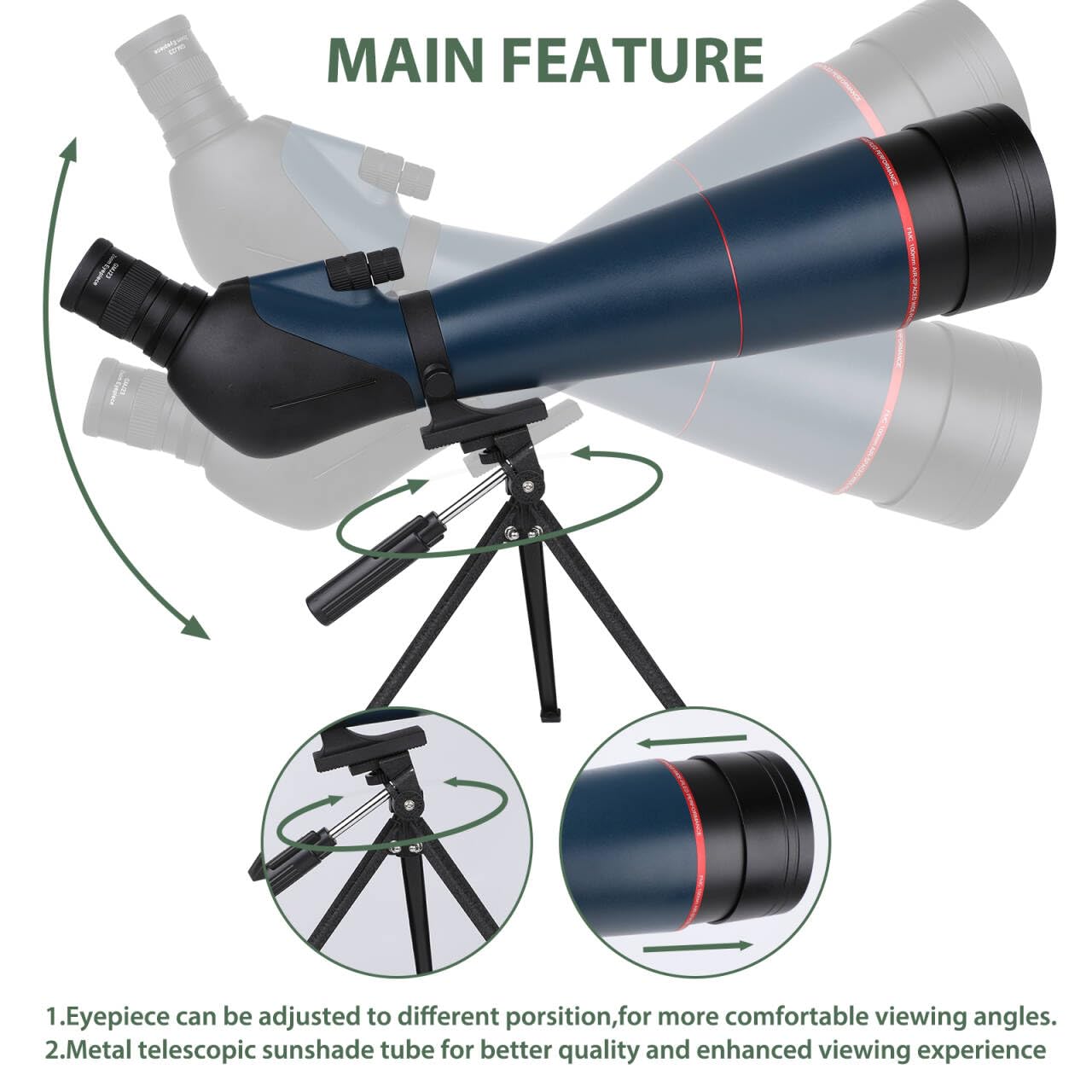 25-75x100mm Telescopio Terrestre, Zoom Catajos Alta Potencia, Adaptador Teléfono, Trípode, Bolsa, 45° Angular, Observación Estrellas, Aves, Caza (B)