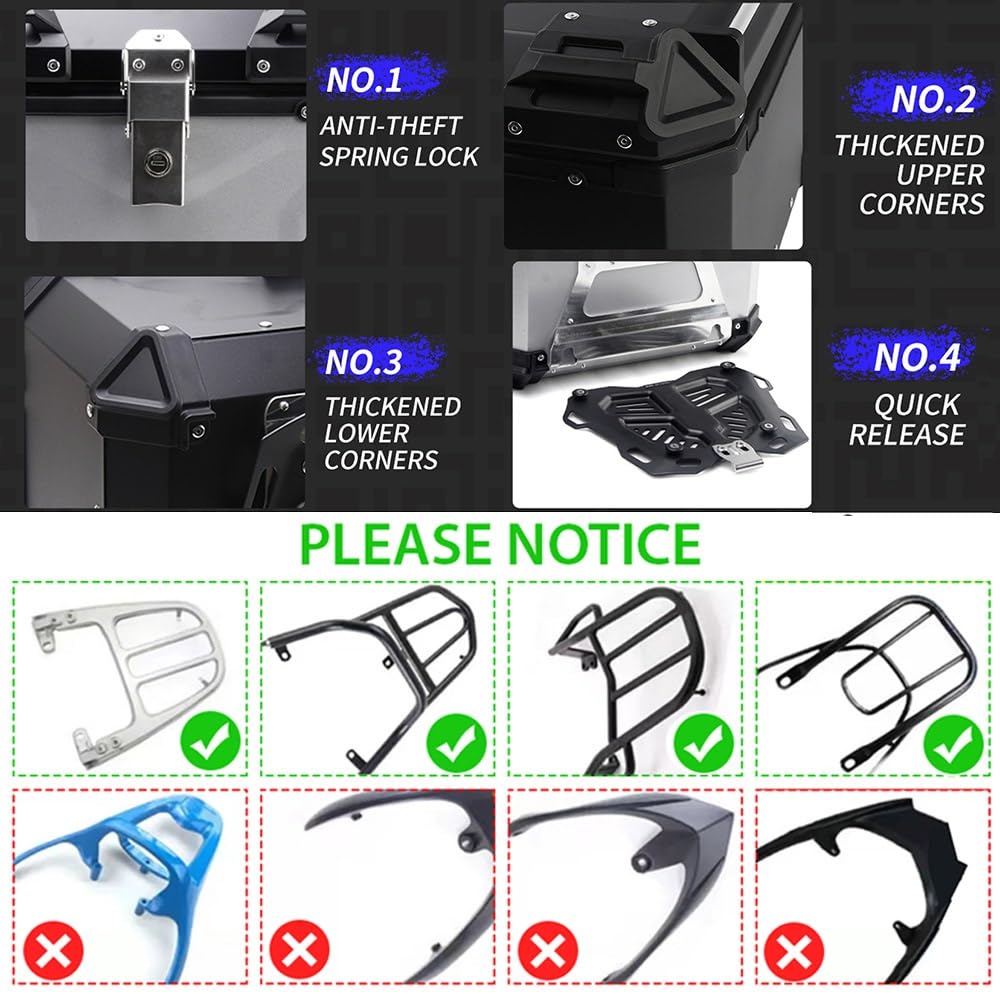 Baul para Moto Topcase, Baúl De Aluminio para Moto Scooter Maleta,Caja De Motocicleta con Respaldo Y Asa,Maletero De Moto 45L 55L 65L 80L 100L(Negro,45L)