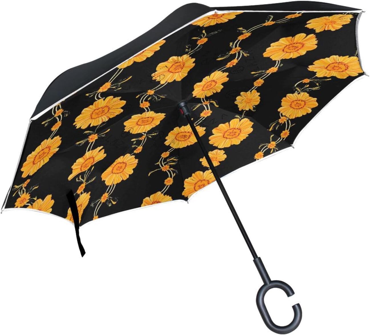 Chrysanthemum Flower Pattern Inverted Umbrellas for Rain Windproof Reverse Upside Down Golf Umbrella with C-shape Handle for Men Women