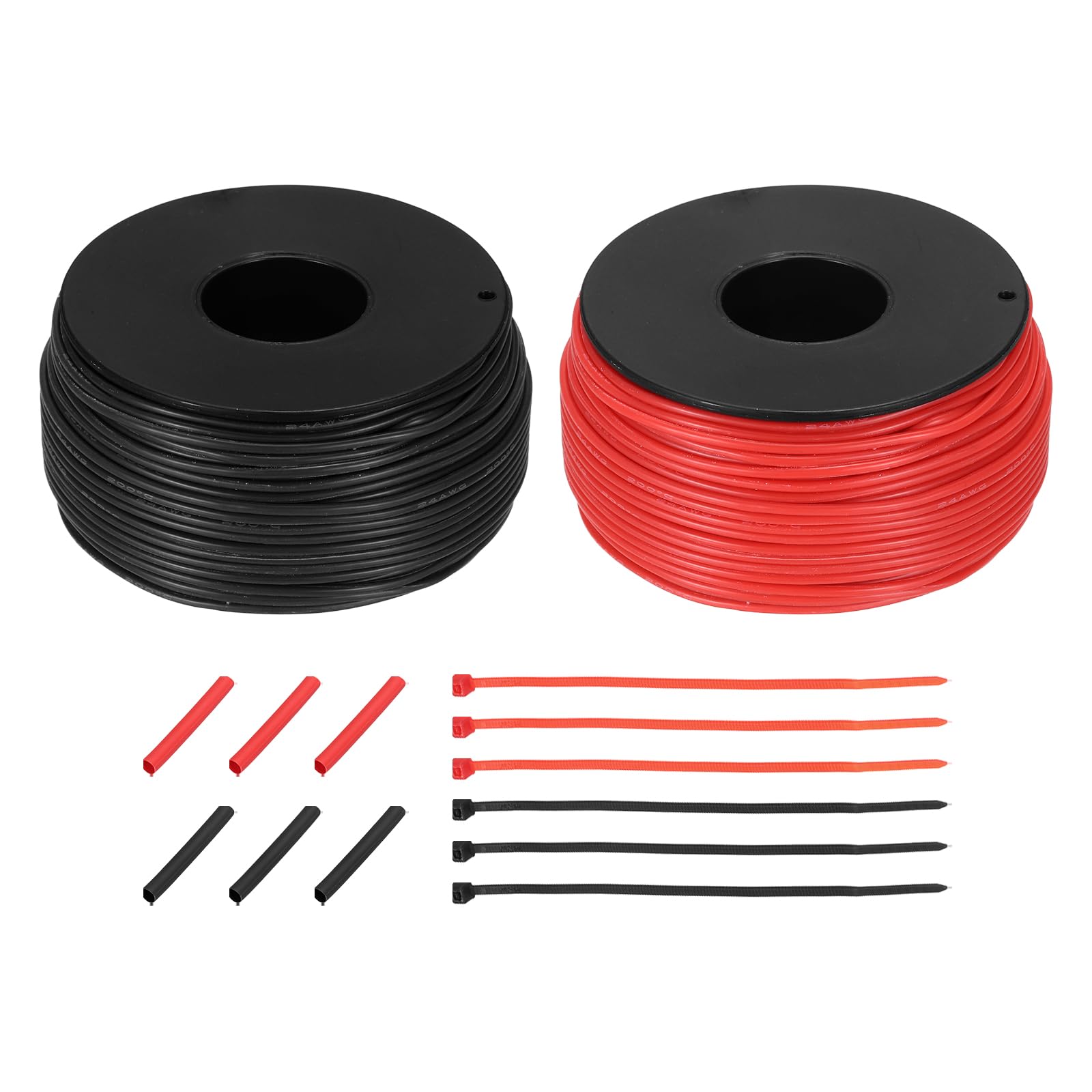 sourcing map 2pcs 24 AWG Silicone Electrical Wire Spool, 24 Gauge 45.7m/150ft Tinned Copper Electrical Wires with Heat Shrink Tubing & Cable Ties for Automotive, RV Inverter - Red & Black