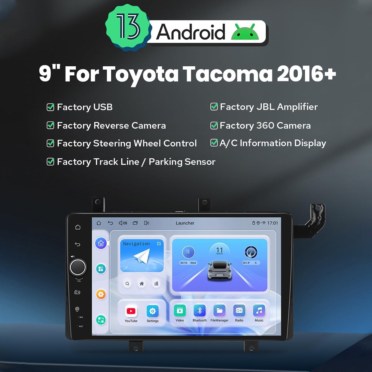 JOYING Car Stereo for Toyota Tacoma 2016-2023 Android 13 Plug and Play Head Unit 9 Inch Car Radio 1280 x 800 with CarPlay & Android Auto, SWC, AM/FM Radio, GPS(JY-TT216N4)