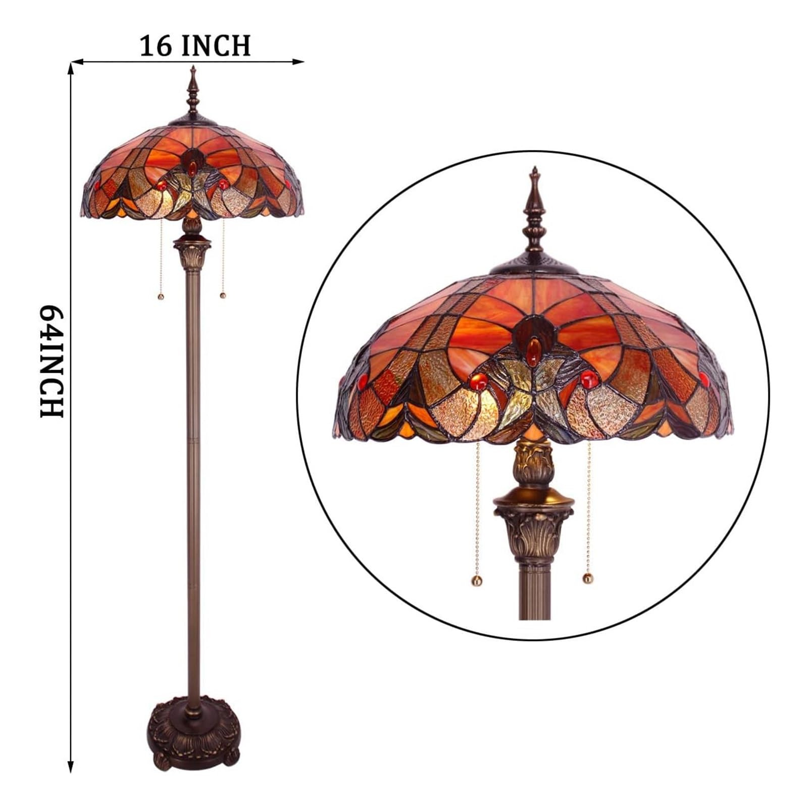 Lampa Stojąca Tiffany W Kolorze Czerwono-Brązowym,Witraż Liaison,Do Czytania,16X16X64 Cale,Antyczna Lampa Narożna Na Słupie