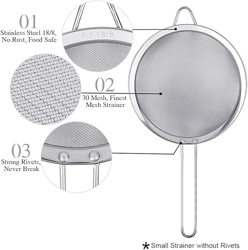 Miniatura 3 de Paquete de 3 coladores de malla extrafina de acero inoxidable 188, tamices grandes, medianos y pequeños, ideales para pasta, arroz, té, espaguetis,