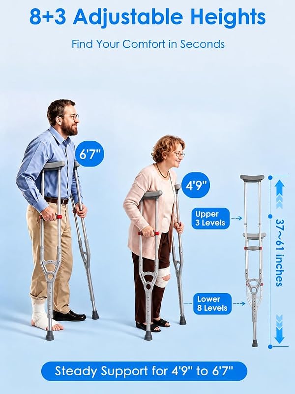 WHLICKS Aluminum Frame & Nylon Glass Fiber Crutches for Adults, Cushioned Underarm Pads & Ergonomic Grips, Adjustable Height Crutches for Women & Men 4'9" to 6'7", 300-lb Capacity, Lightweight Crutch by WHLICKS - Used condition - US$55.19