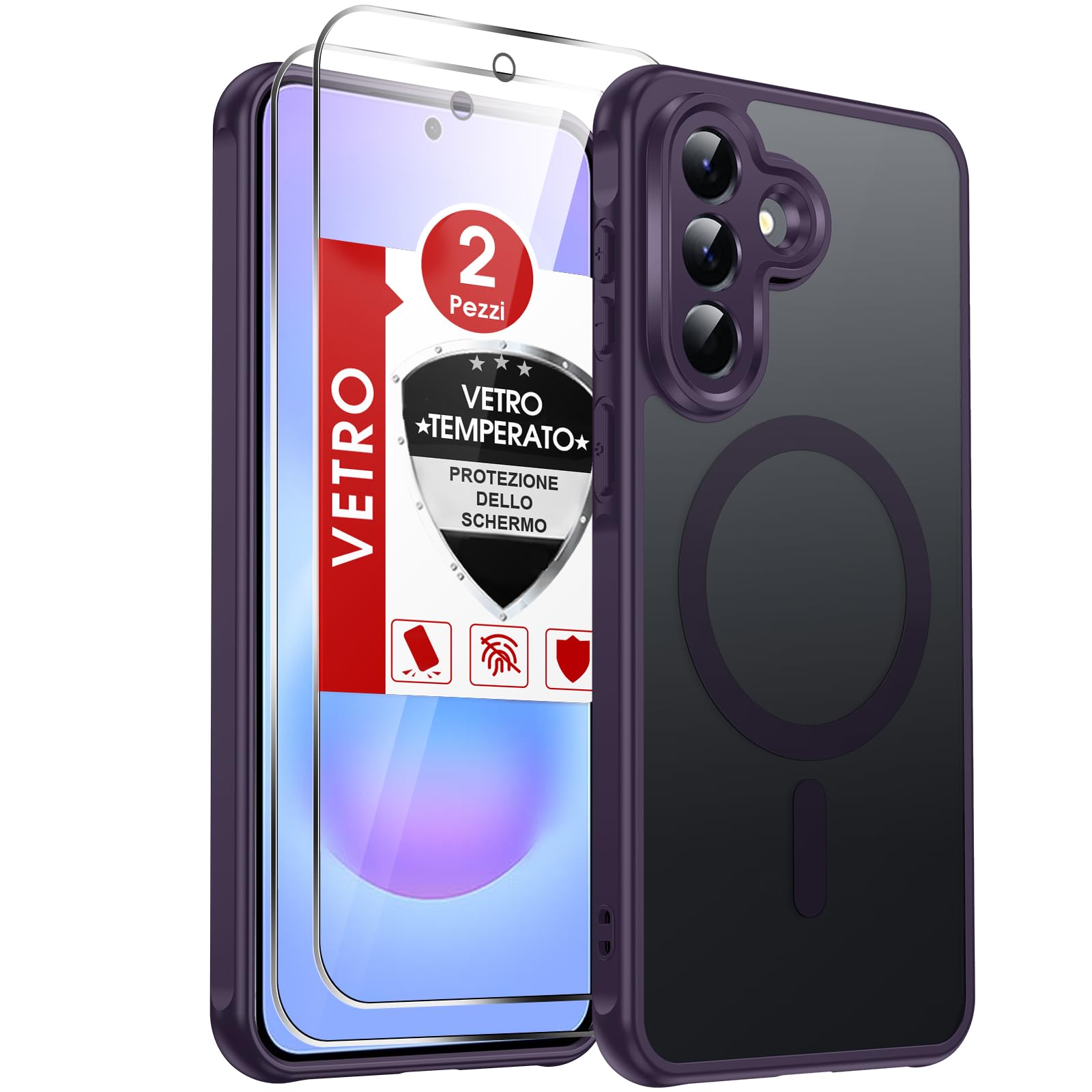 LeYi Cover Magnetica per Samsung A57 5G con 2 Pezzi Vetro Temperato(Viola) | Custodia per Galaxy A 57 Traslucida Opaca Anti-Impronte Resistente ai Graffi Paraurti in TPU Antiurto Protettiva Case