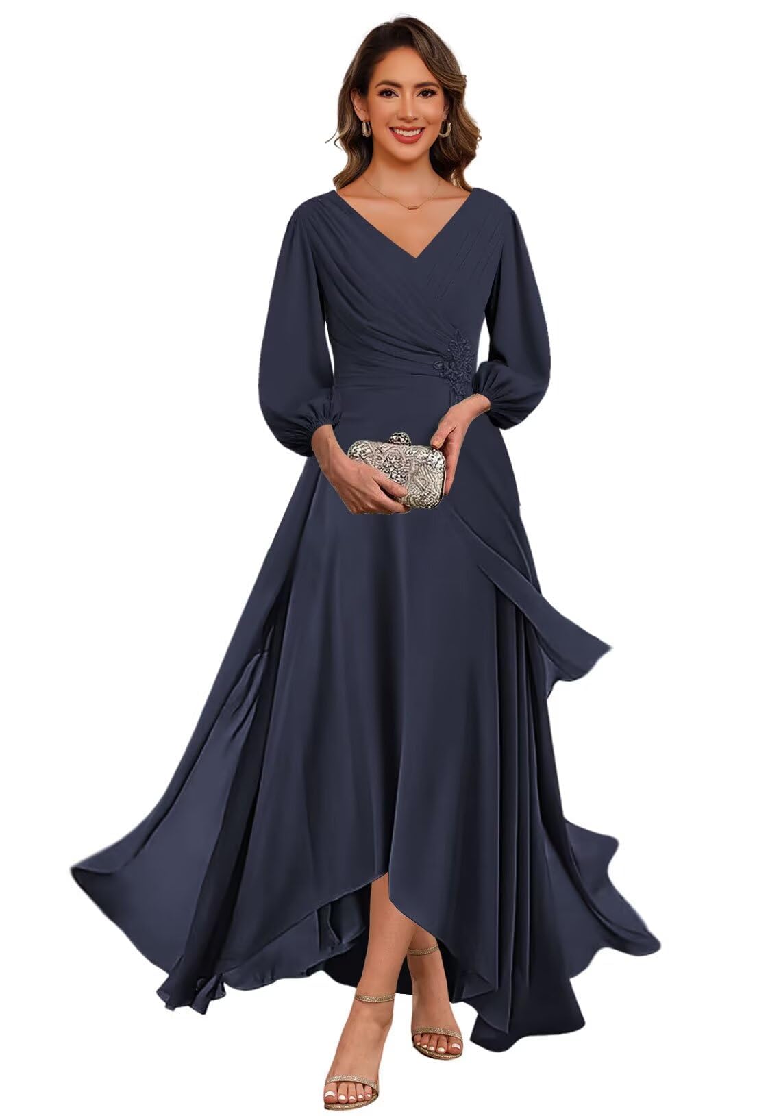 Kiyne Women's Navy Blue Chiffon Long Mother Of The Bride Dresses With Sleeves Floor Length Formal Mother Of The Groom Dress Uk10