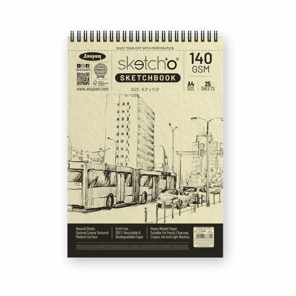 Anupam Sketch-O Sketchbook A4 | 25 Sheets 50 Pages | 140GSM | Durable Acid Free Drawing Paper | Top Spiral-Bound Sketchpad for Artists & Professionals for Marker Colored Pencil Charcoal Pastels