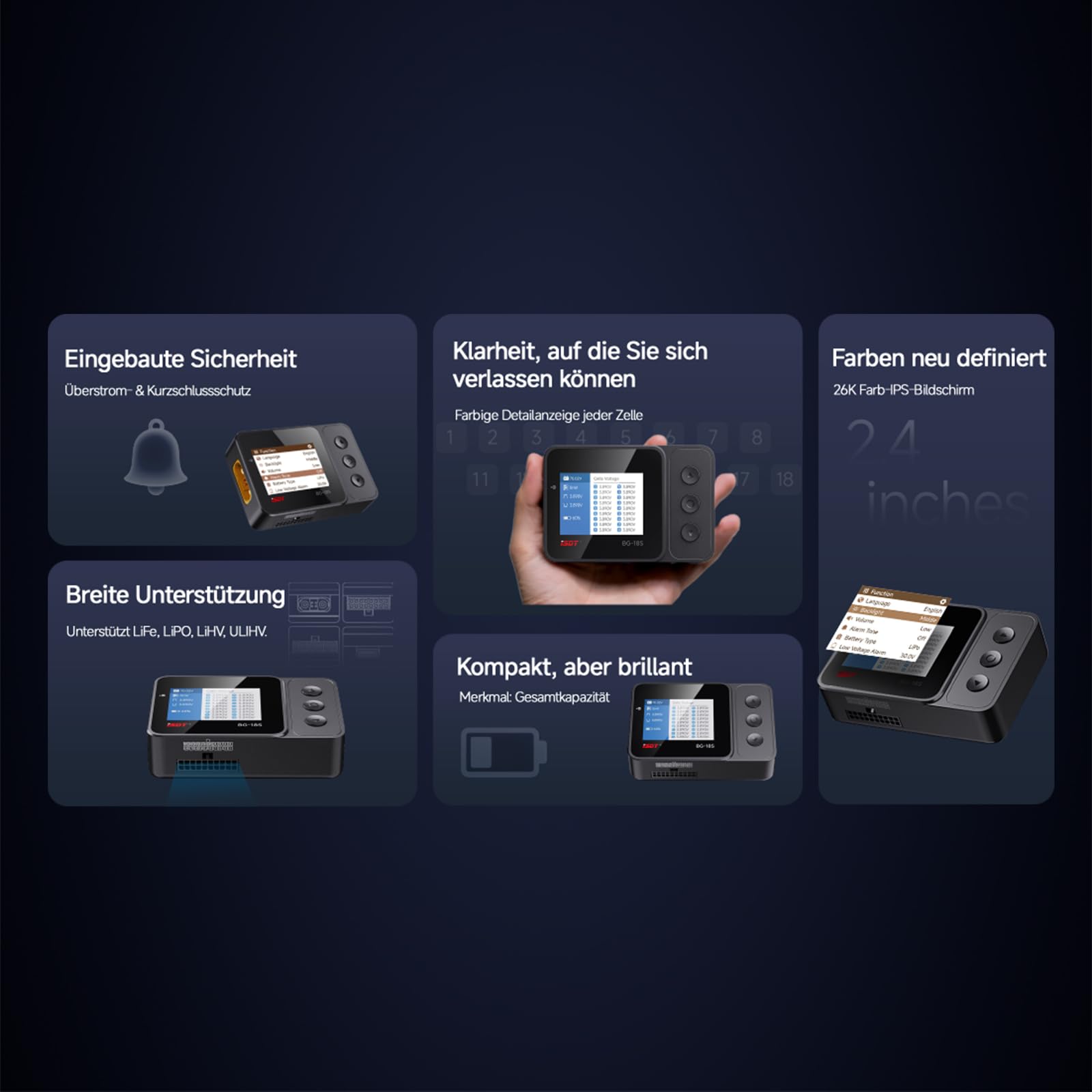 ISDT BG-18S Intelligenter Akku-Tester & Balancer, 12-18S LiFe/LiPo/LiHv/ULiHv, DC 10-90V Arbeitsspannung, Messgenauigkeit 0,005V, Zellbereich 1,5V-5V