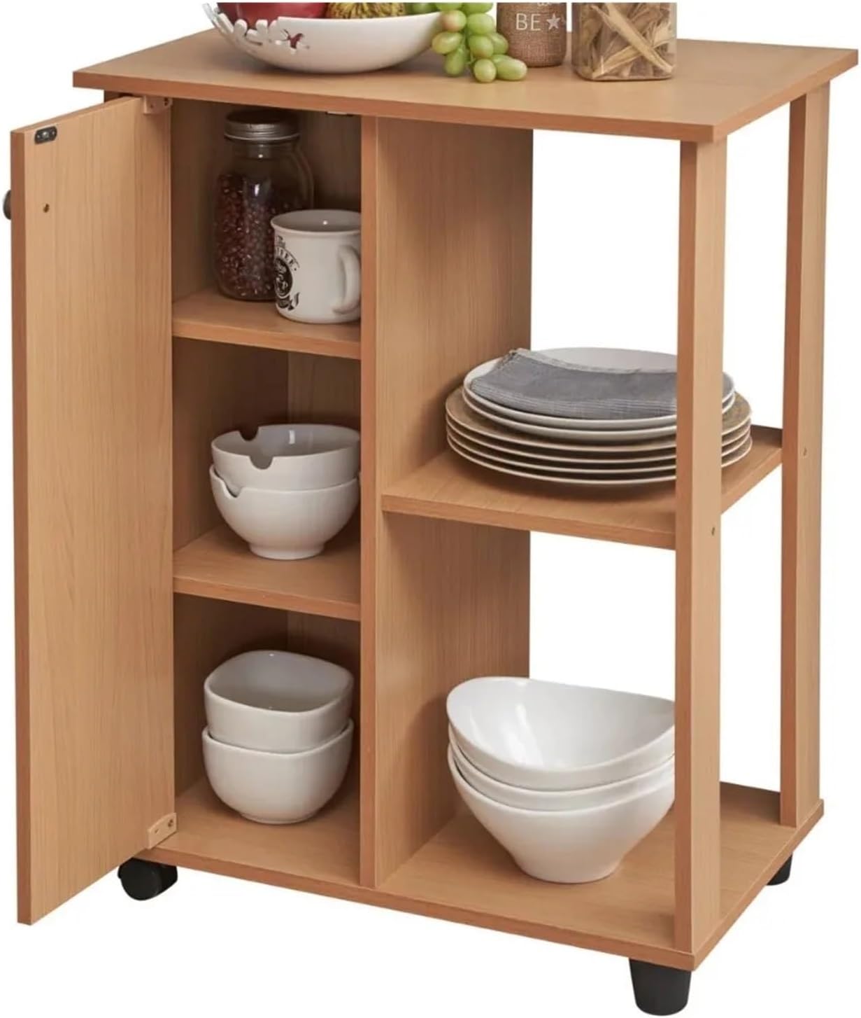 2-Tier Rolling Cart Wood Furniture with Cabinet Storage Shelves Towel Rack Kitchen Bathroom