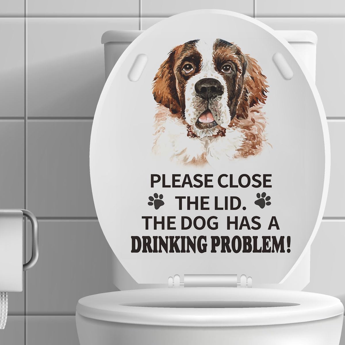 Funny Saint Bernard Dog Toilet Lid Decal, Humor Toilet Sticker
