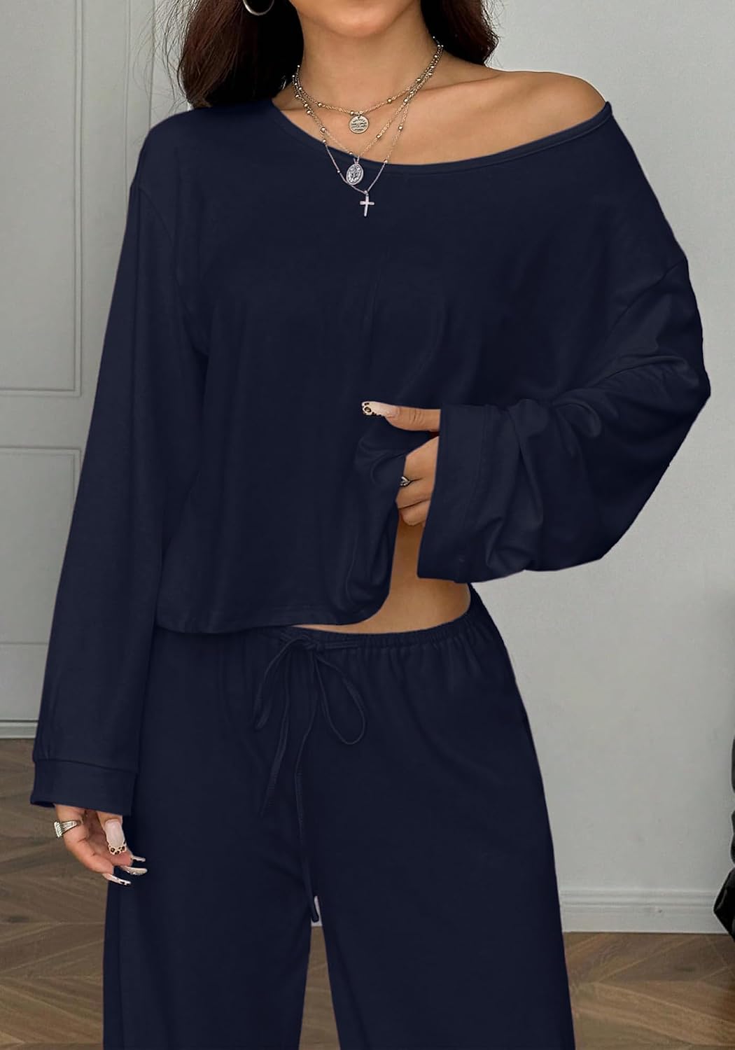 GFU Two Piece Matching Lounge Sets for Women Off Shoulder Sweatshirt Wide Leg Palazzo Pants for Fall, Vacation, Airport
