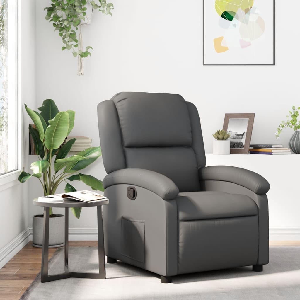 vidaXL Gray Faux Leather Manual Recliner Chair - Wingback Reclining Armchair for Elderly with Side Pocket and Padded Support