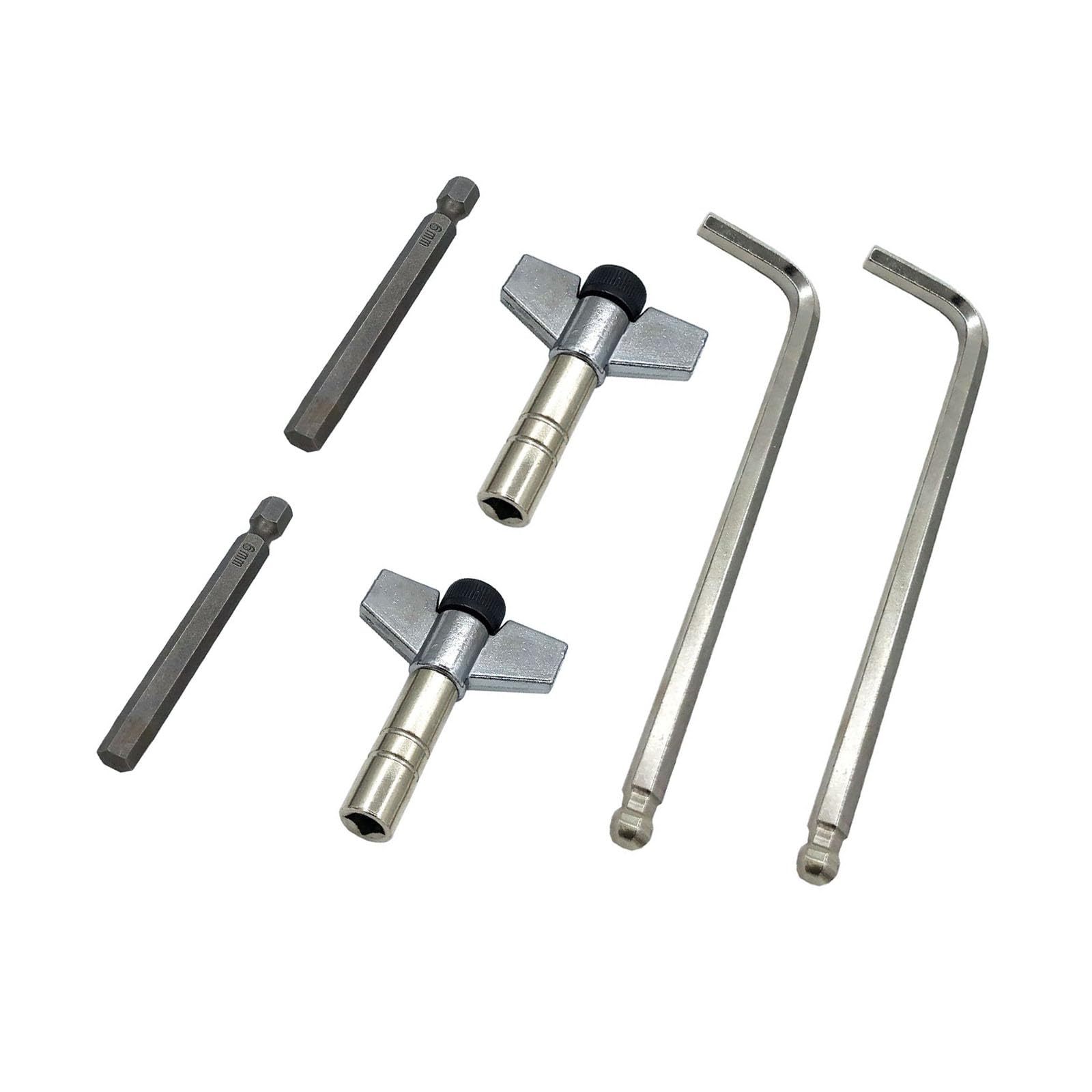 TUOREN Drum Key Drill Bit Set Include 2Pcs Drum Tuning Key, 2Pcs Drill Bits, 2Pcs L-shaped Wrench, Percussion Tunner Tool for Jazz Drum Accessories Metal Handle Wing Nut Silver