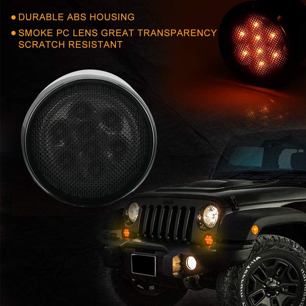 SUNPIE Amber Front LED Turn Signal Light Assembly for 2007~2016 Jeep Wrangler JK Turn Lamp Fender Flares Eyebrow Indicator Side Maker Parking Lights Bulb Smoke Lens Pack of Two