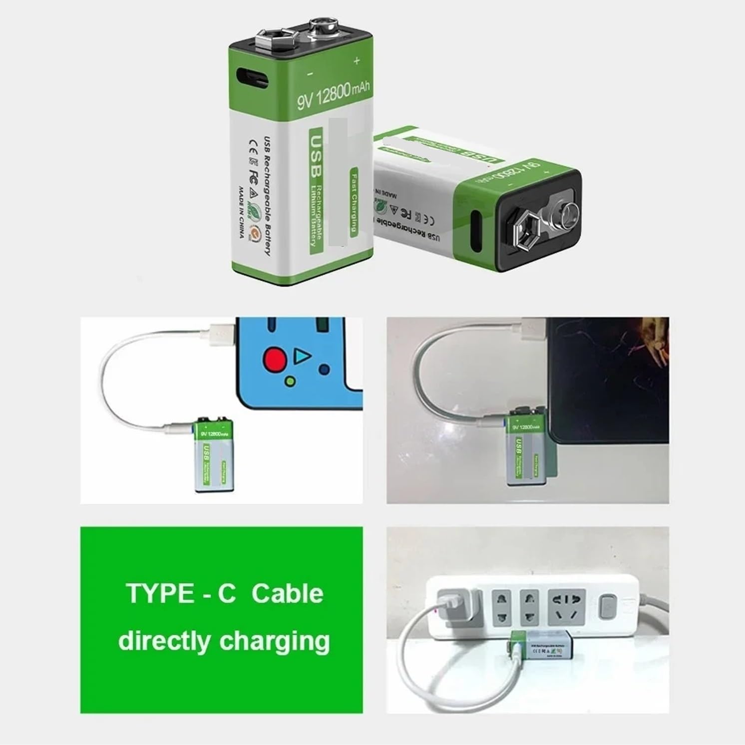 Batería Recargable Baterías De Litio Micro USB De 12800 MAh, Compatible con Multímetro Micrófono Control Remoto De Juguete KTV BruNew Batería De Iones De Litio De 9 V(4PCS)