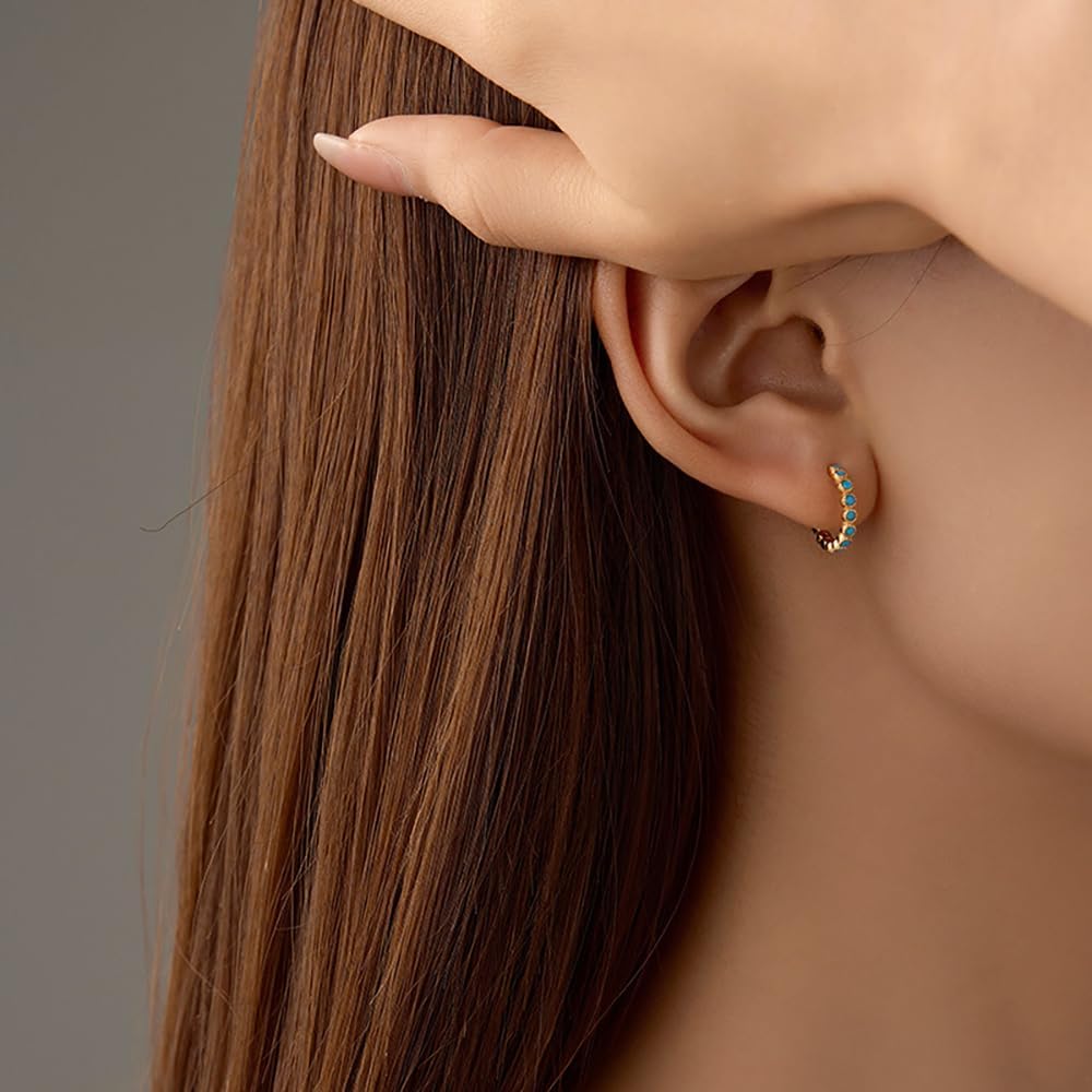 Cute Turquoise Huggie Hoop Small Earrings for Women Cartilage 925 Sterling Silver Beaded Hypoallergenic Pierced Sleeper Cuffs 10mm Hoops Earring Dainty Birthday Christmas Jewelry Gifts for Everyday - Image 2