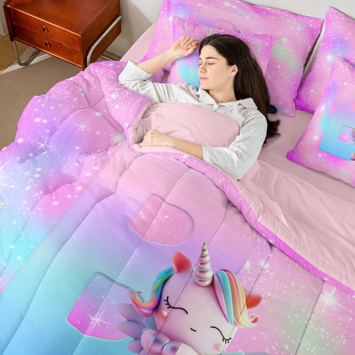 Feelyou Boys Girls Cute Unicorn Bed in A Bag Twin Size, Personalized Initial B 7 Pieces Bedding Set Alphabet Letters Comforter Set with Sheets Kids Rainbow Glitter Teens Bed Set Bedroom Decor 7Pcs